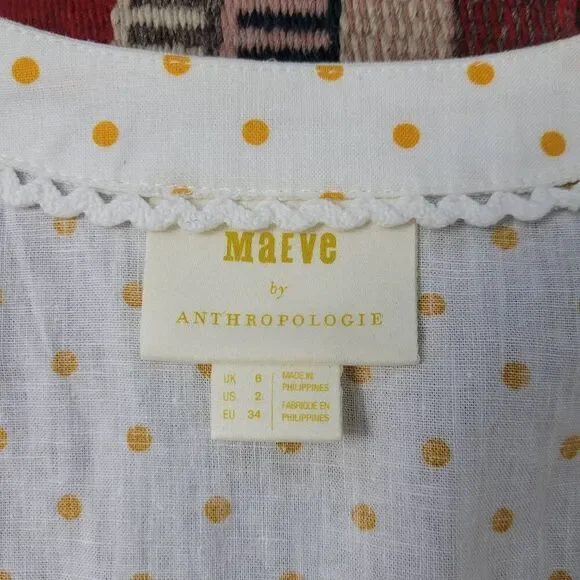 Anthropologie Maeve Louise Wrapped Blouse Sz‎ 2 White Yellow Polka-dot Linen Top - Picture 4 of 8